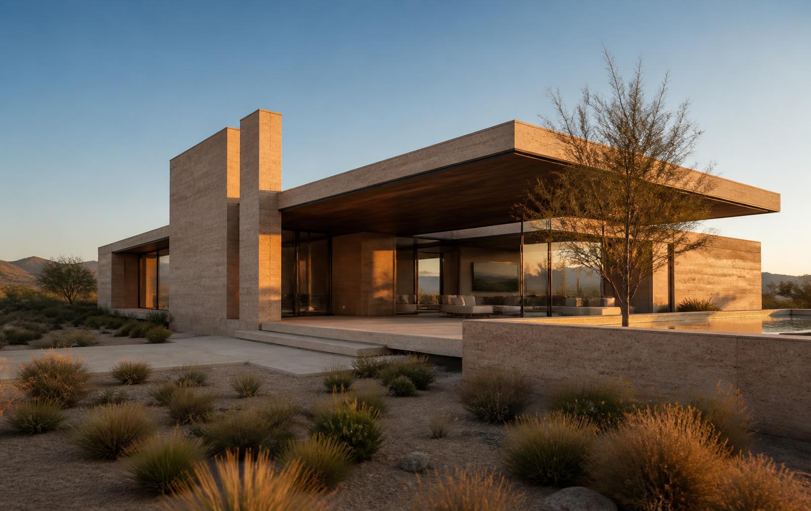 Desert-modern house with deep overhangs at golden hour